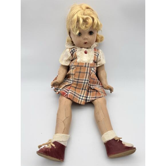 Halloween Creepy VTG Sleepy Flirty Eyes Composition Girl Doll 18 Inch Blonde - Picture 1 of 13